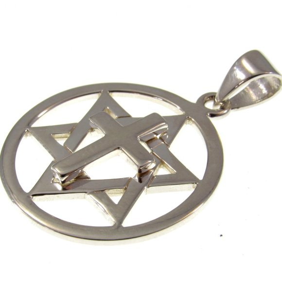 Solid 925 Sterling Silver Star of David Christian Jewish Cross Pendant - Picture 4 of 5